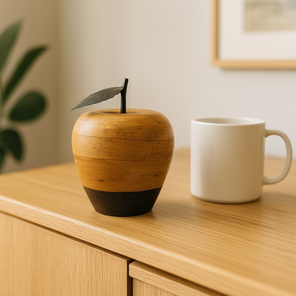 Vintage Wooden Apple Decor with Metal Stem and Leaf